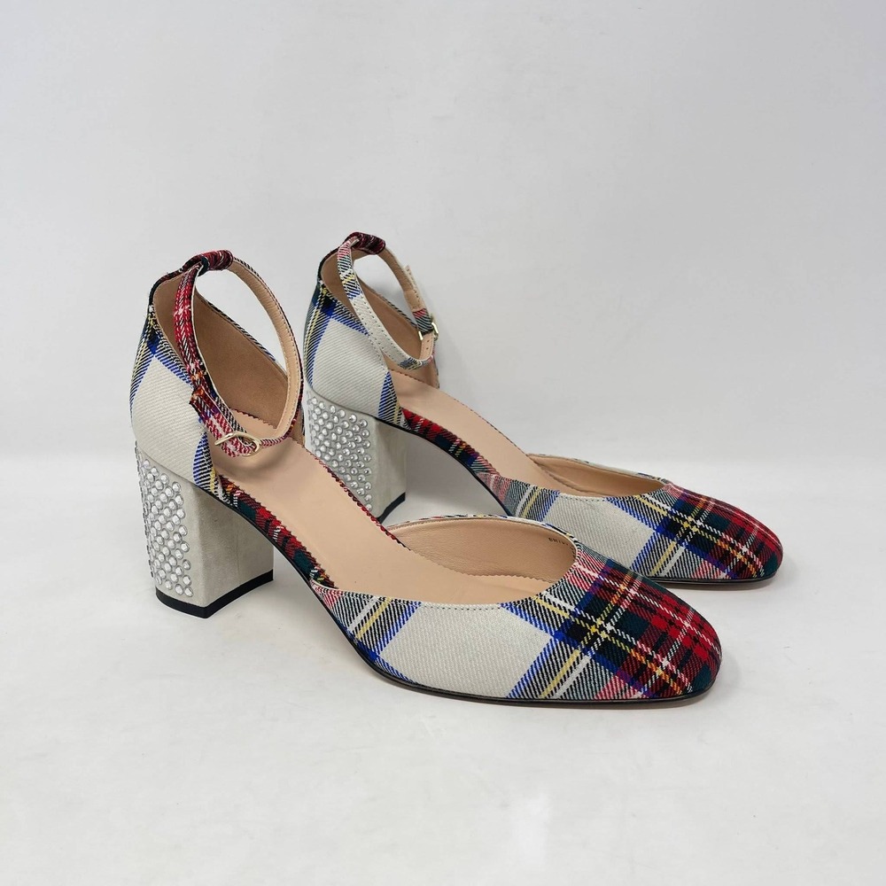 J Crew Maisie Mary Jane 3" Heels Wms 9 Tartan Plaid Red White Rhinestones